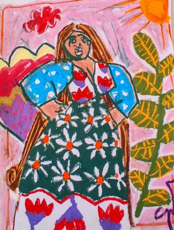 Opera La Donna che Aveva Cucito il Sole sul suo Vestito: donna con vestito verde notte coperto di margherite e scialle azzurro a pois, sotto un sole arancione