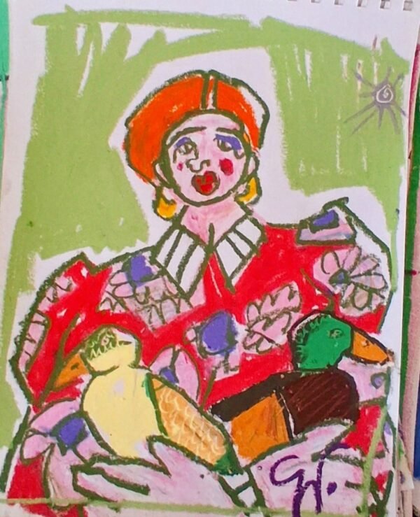Opera La Donna che Conversava con le Anatre: donna con berretto arancione e vestito rosso a fiori, con due anatre