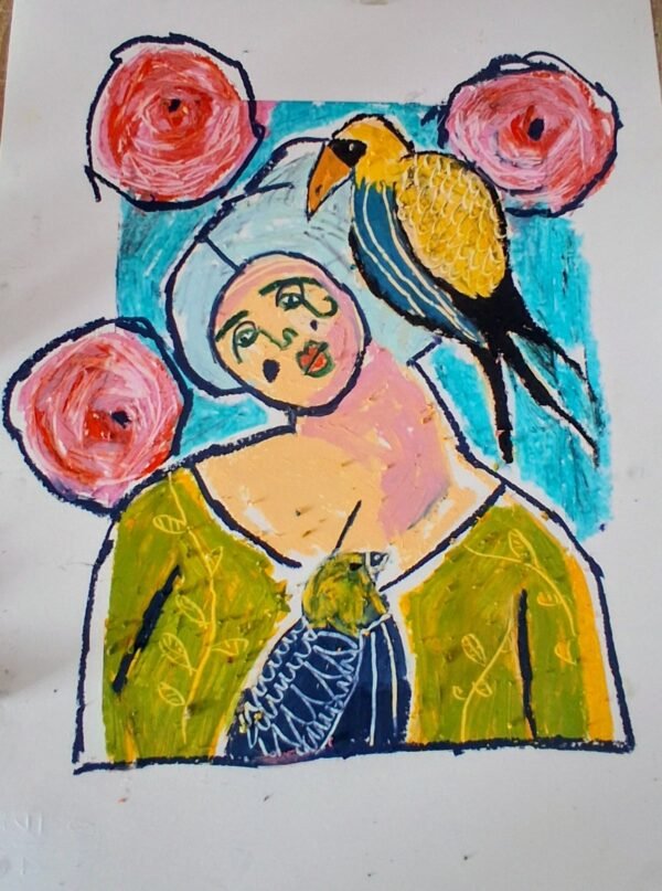 Opera La Donna che Parlava con i Fiori: donna con uccellino giallo sulla spalla e tre grandi rose rosa