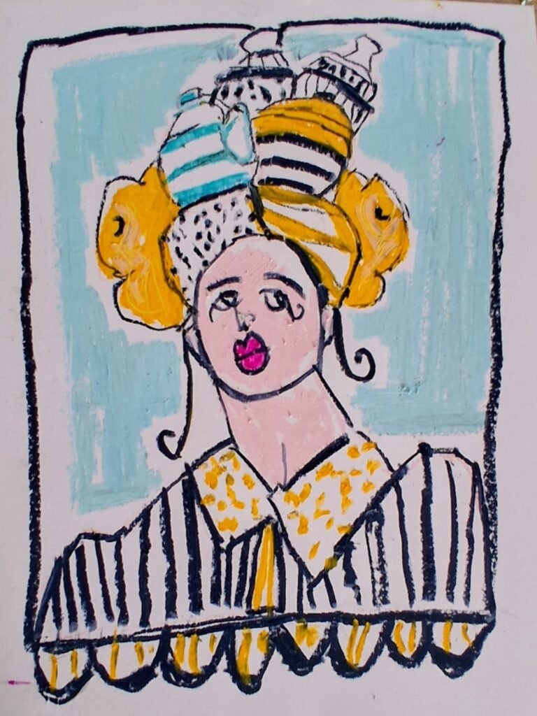 Opera La Donna che Portava il Tè sulla Testa: donna con una torre di teiere e tazze in equilibrio sul capo