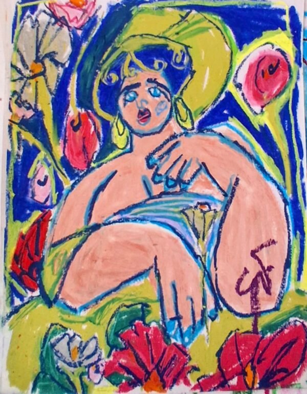 Opera La Donna che Si Era Seduta in Mezzo ai Fiori: donna seduta tra grandi fiori rossi e rosa su fondo blu