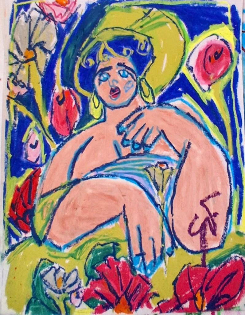 Opera La Donna che Si Era Seduta in Mezzo ai Fiori: donna seduta tra grandi fiori rossi e rosa su fondo blu