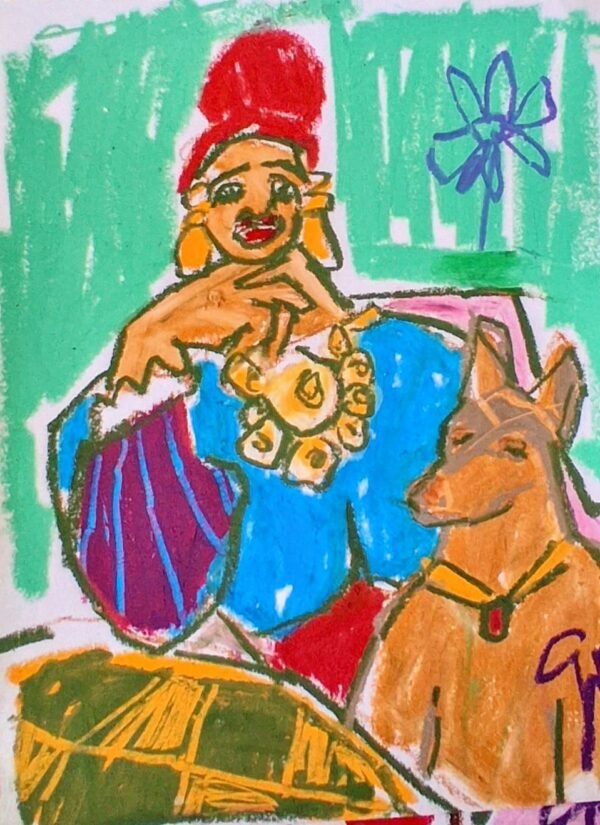 Opera La Donna dallo Chignon Rosso e il Cane che Sapeva Tacere: donna con chignon rosso e rose gialle, accanto a un cane color caramello