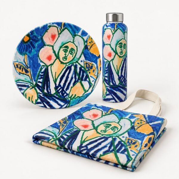 Set regalo con piatto, borraccia e grembiule Miss Free Blue