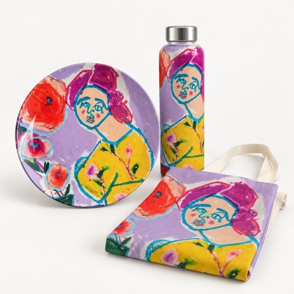Set regalo con piatto, borraccia e grembiule Miss Free Pink
